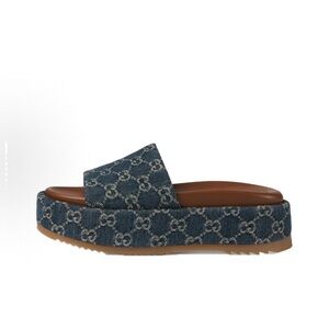 Gucci Blue and Brown Platform Shoes with Monogram Design